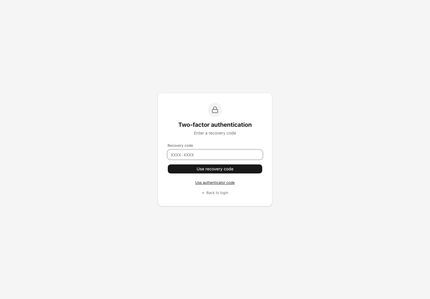 Dosya Two-factor authentication page switched to the Recovery code field with a Use recovery code button.